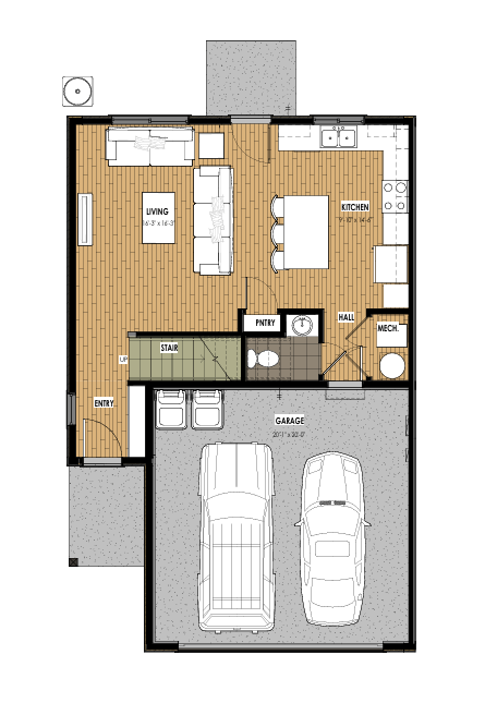 A floor plan of a house with two garages.